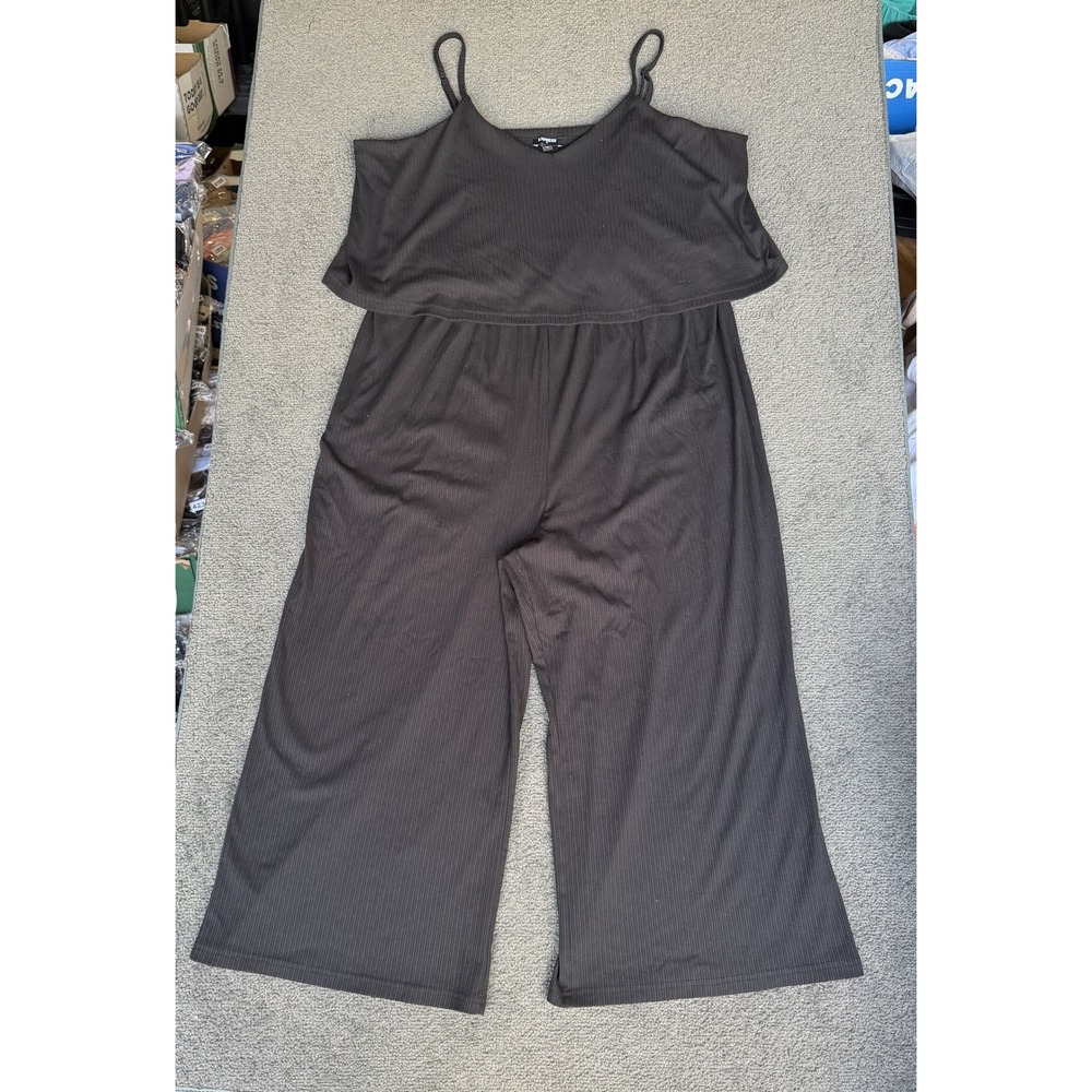 Express Black Ribbed Wide Leg Popover Jumpsuit XL V-Neck Adjustable Straps